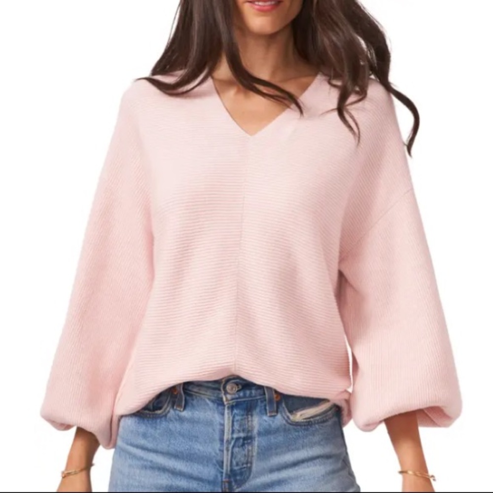 1. State Women's Pale Pink V-Neck Ribbed Sweater